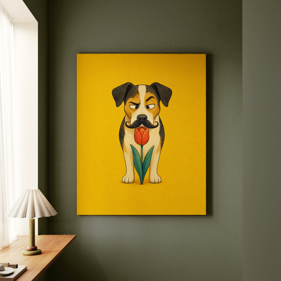 Garden Inspector II – Funny Dog Art with a Suspicious Tulip Sniff – Canvas Wall Art