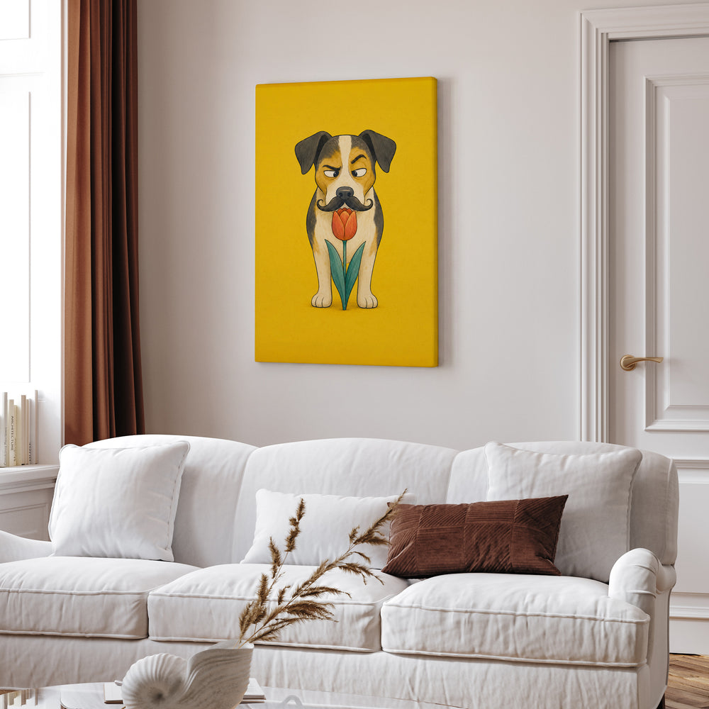 Garden Inspector II – Funny Dog Art with a Suspicious Tulip Sniff – Canvas Wall Art