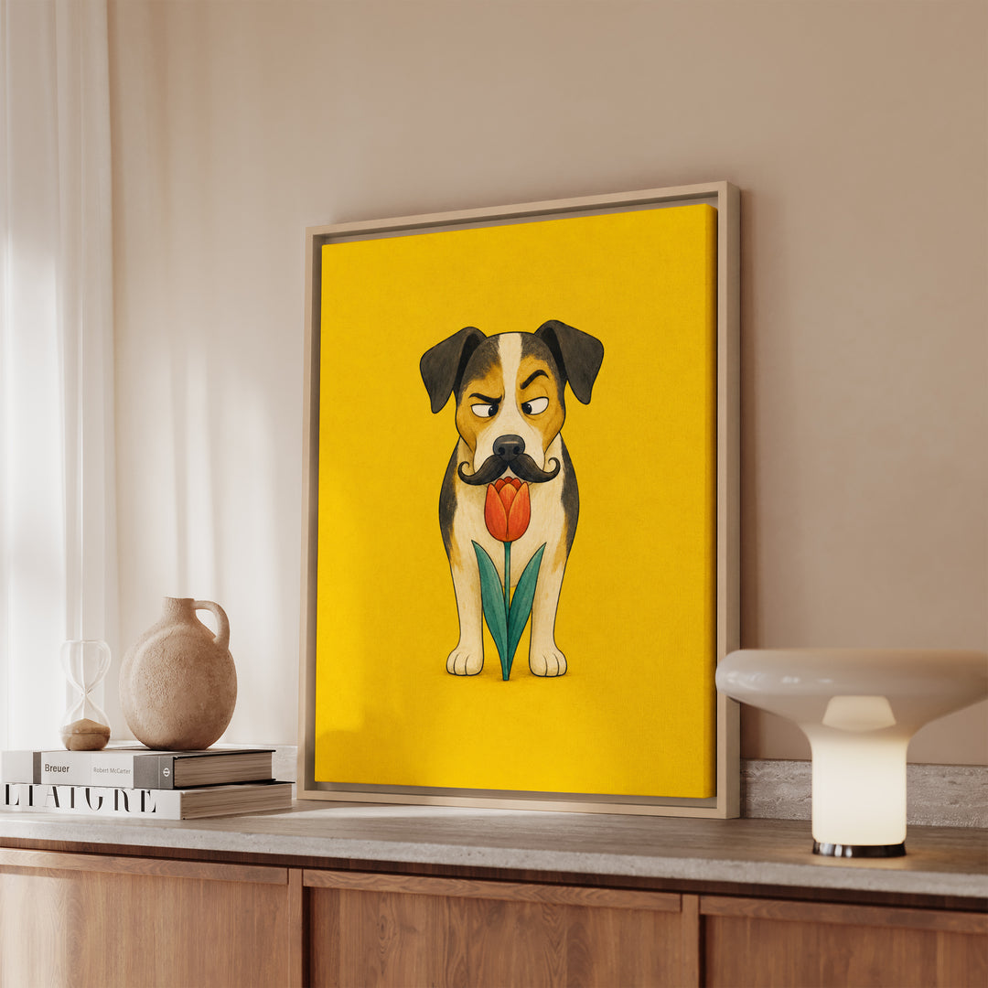 Garden Inspector II – Funny Dog Art with a Suspicious Tulip Sniff – Framed Canvas Wall Art