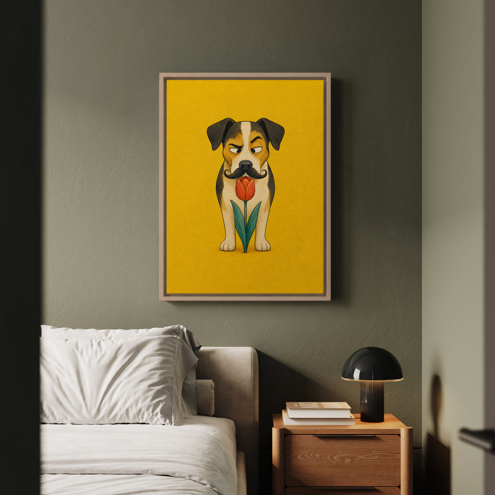 Garden Inspector II – Funny Dog Art with a Suspicious Tulip Sniff – Framed Canvas Wall Art