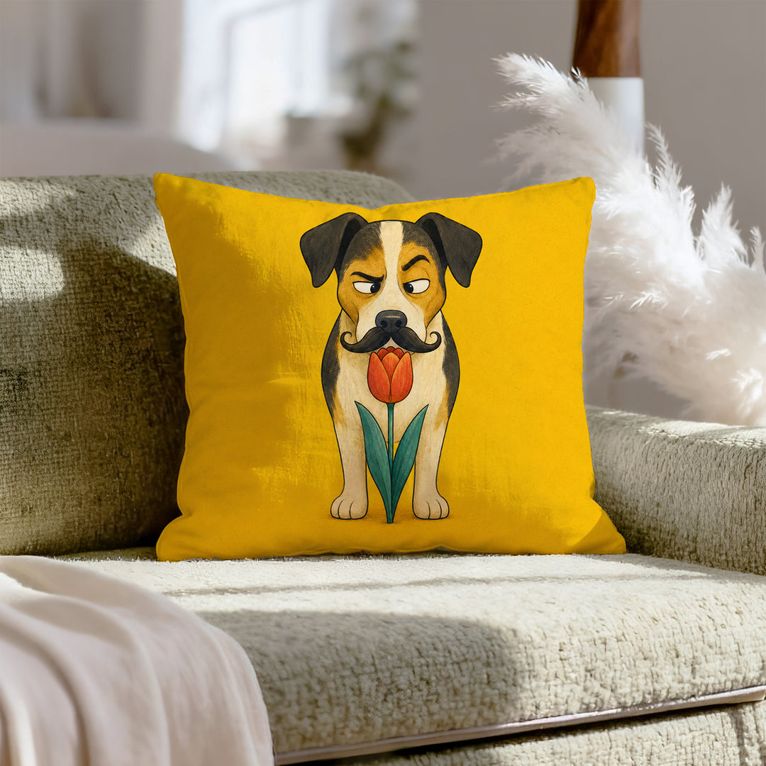 Garden Inspector II – Funny Dog Decor with a Suspicious Tulip Sniff – Pillow Cover