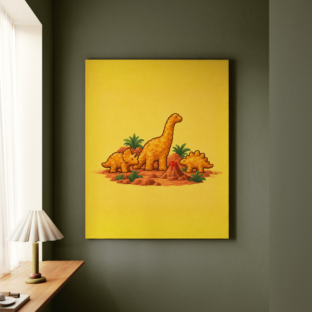 Dino Nuggets: A Still Life – Funny Kitchen Art with a Museum Diorama of Snacks – Canvas Wall Art