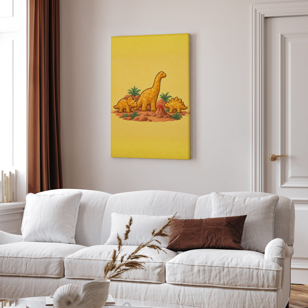 Dino Nuggets: A Still Life – Funny Kitchen Art with a Museum Diorama of Snacks – Canvas Wall Art
