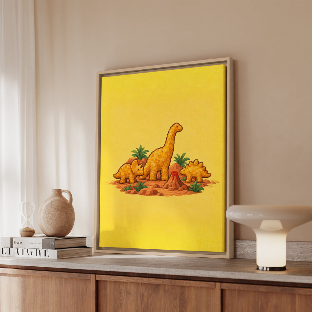 Dino Nuggets: A Still Life – Funny Kitchen Art with a Museum Diorama of Snacks – Canvas / Framed Canvas