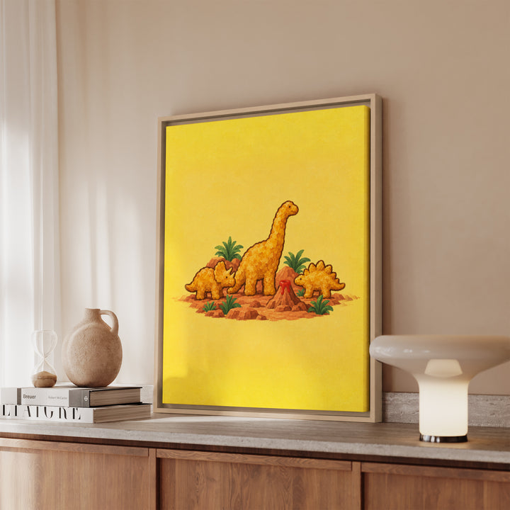 Dino Nuggets: A Still Life – Funny Kitchen Art with a Museum Diorama of Snacks – Canvas / Framed Canvas