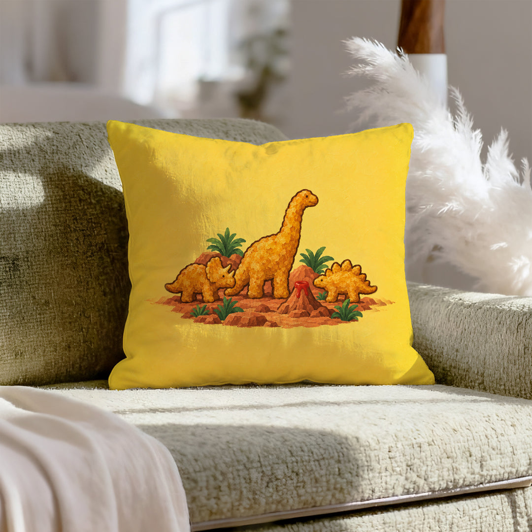 Dino Nuggets: A Still Life – Funny Kitchen Decor with a Museum Diorama of Snacks – Pillow Cover