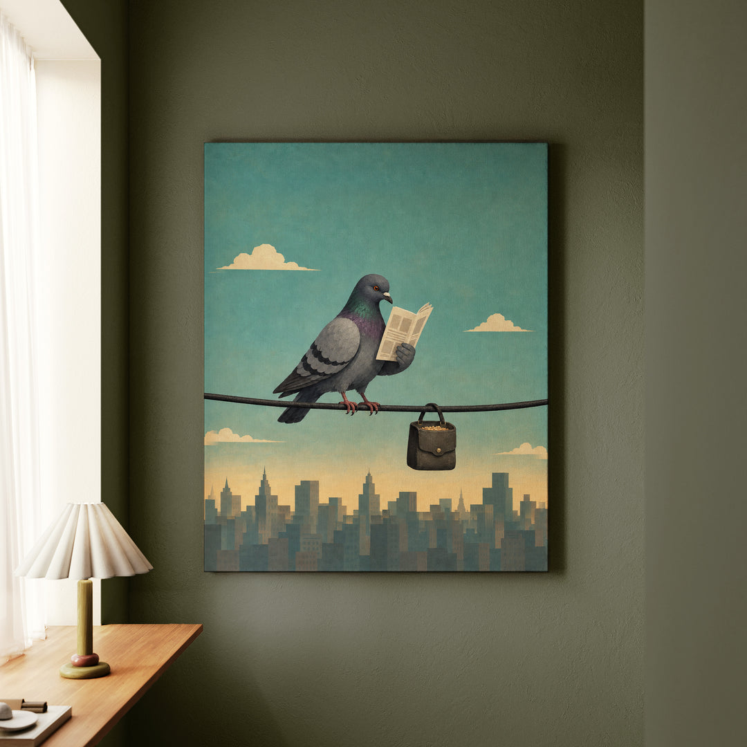 The Morning Commute – Pigeon Art with a Power Line Reader at Dawn – Canvas Wall Art