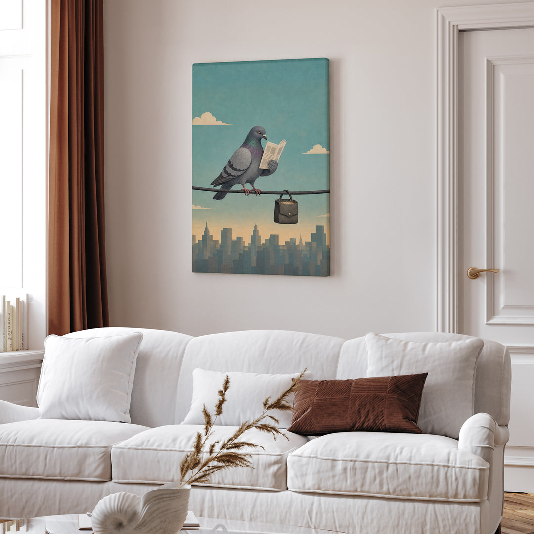 The Morning Commute – Pigeon Art with a Power Line Reader at Dawn – Canvas / Framed Canvas