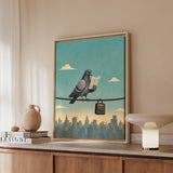 The Morning Commute – Pigeon Art with a Power Line Reader at Dawn – Framed Canvas Wall Art