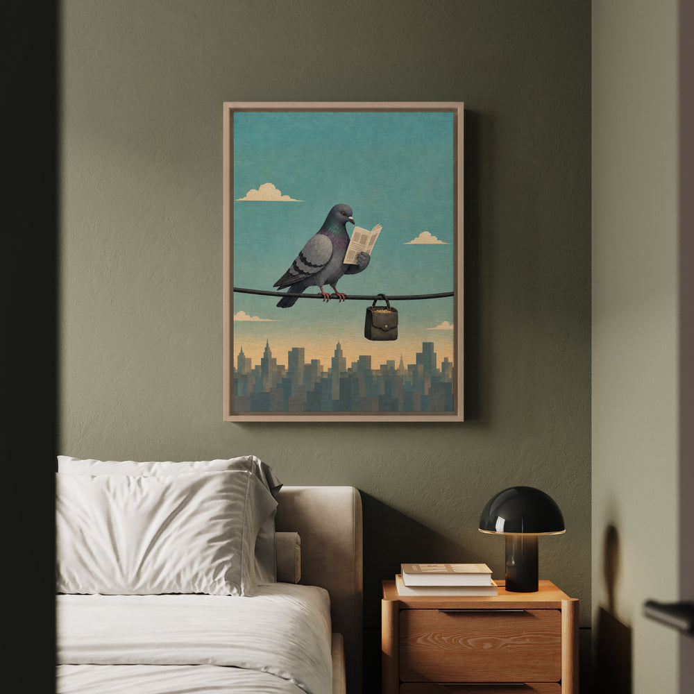 The Morning Commute – Pigeon Art with a Power Line Reader at Dawn – Framed Canvas Wall Art