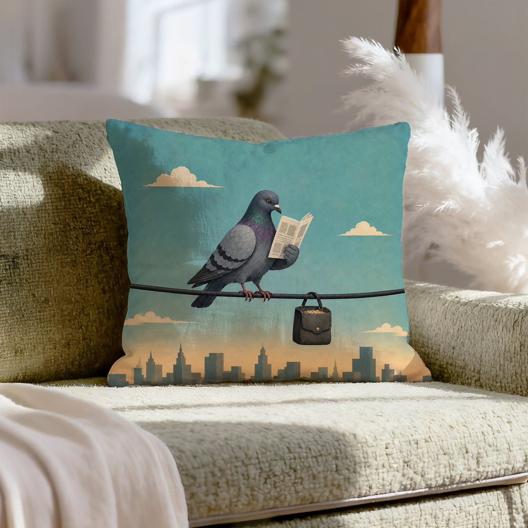 The Morning Commute – Pigeon Decor with a Power Line Reader at Dawn – Throw Pillow