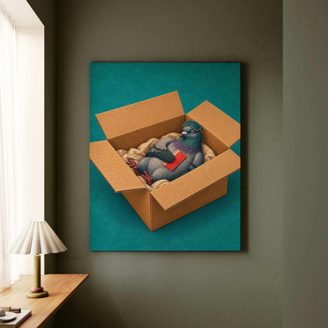 First Class – Pigeon Painting with a Luxurious Cardboard Nest – Canvas / Framed Canvas