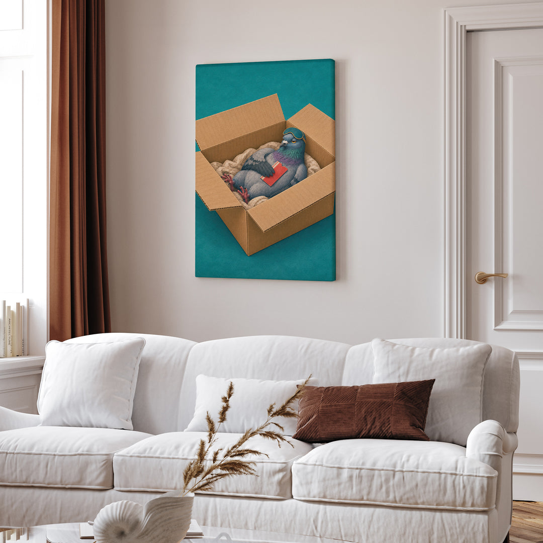 First Class – Pigeon Painting with a Luxurious Cardboard Nest – Canvas Wall Art