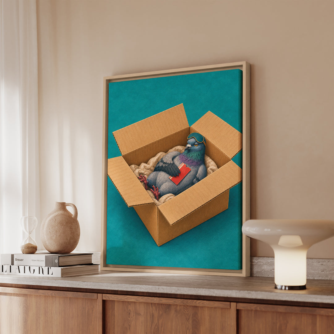 First Class – Pigeon Painting with a Luxurious Cardboard Nest – Canvas / Framed Canvas
