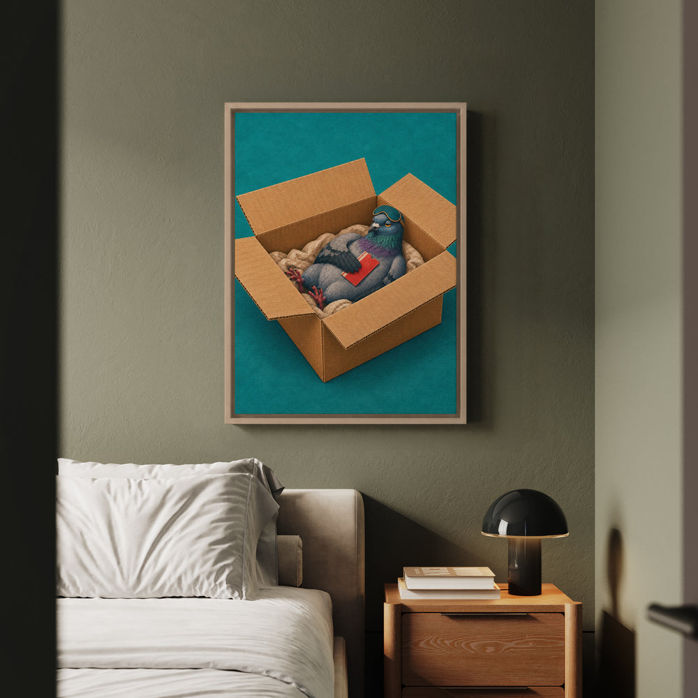 First Class – Pigeon Painting with a Luxurious Cardboard Nest – Framed Canvas Wall Art