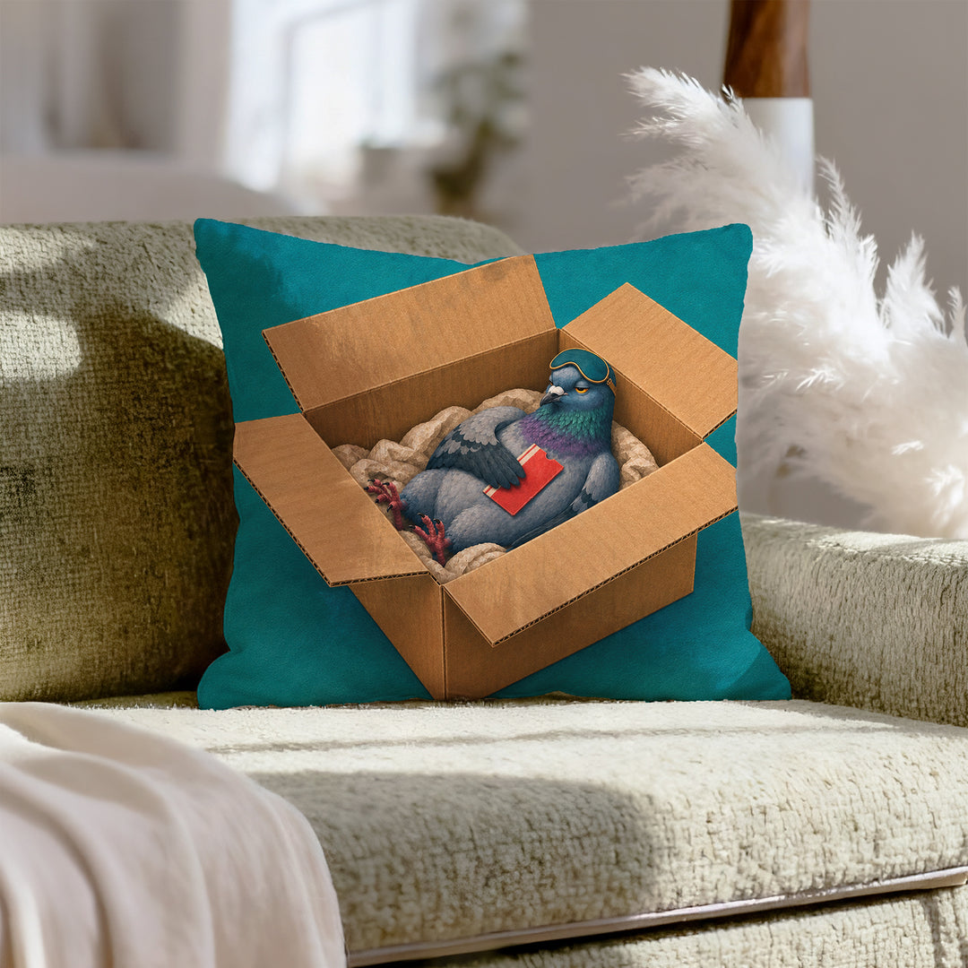 First Class – Pigeon Decor with a Luxurious Cardboard Nest – Throw Pillow