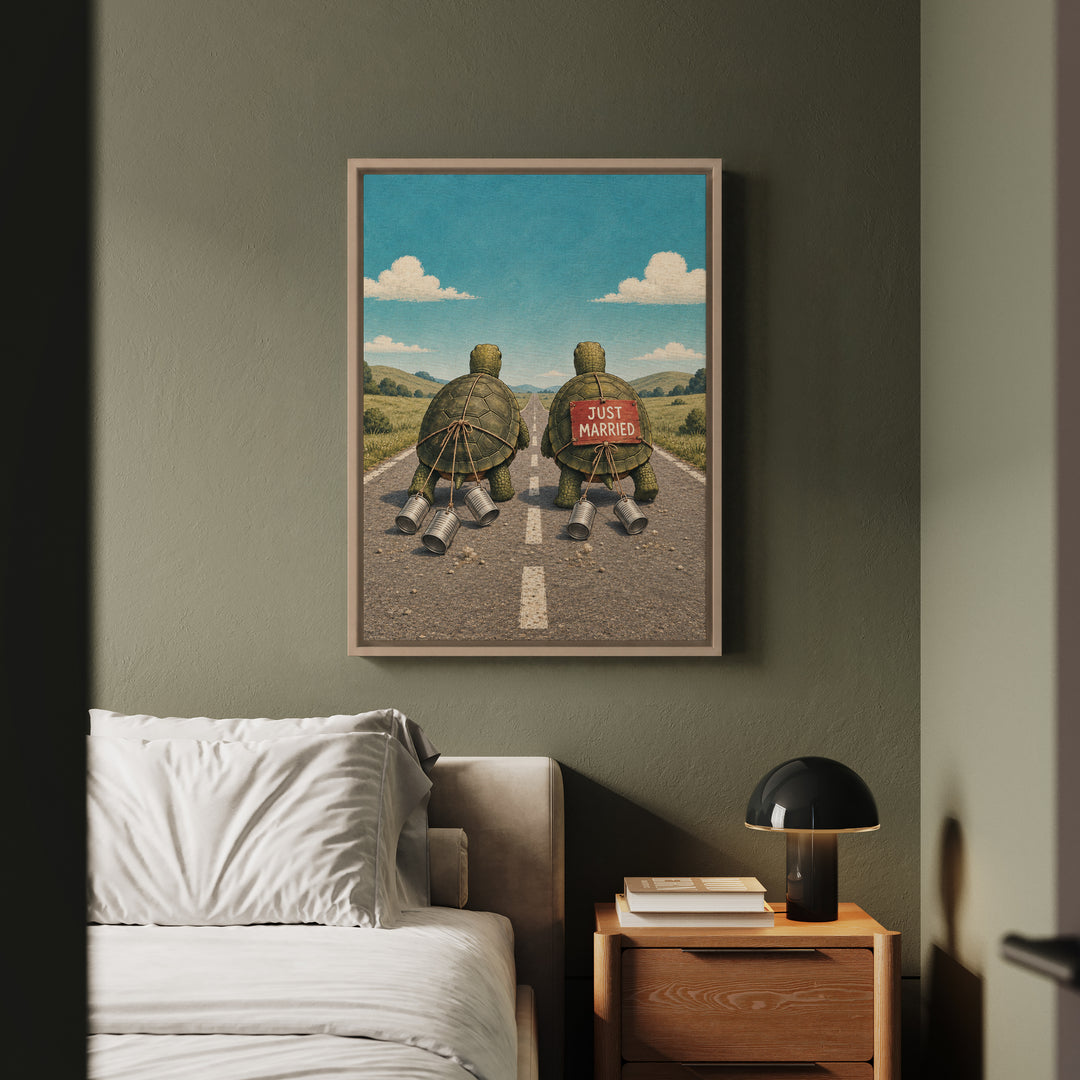 The Long Haul – Turtle Wall Art with Two Turtles on an Open Road – Framed Canvas Wall Art