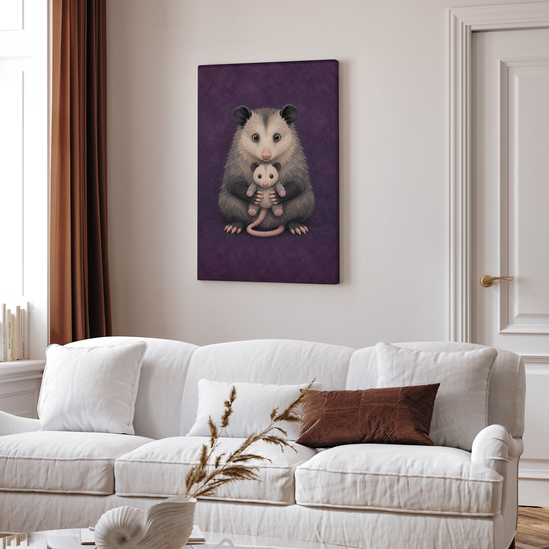 Emotional Support Possum – Opossum Art with a Gentle Hug for a Smaller Friend – Canvas Wall Art