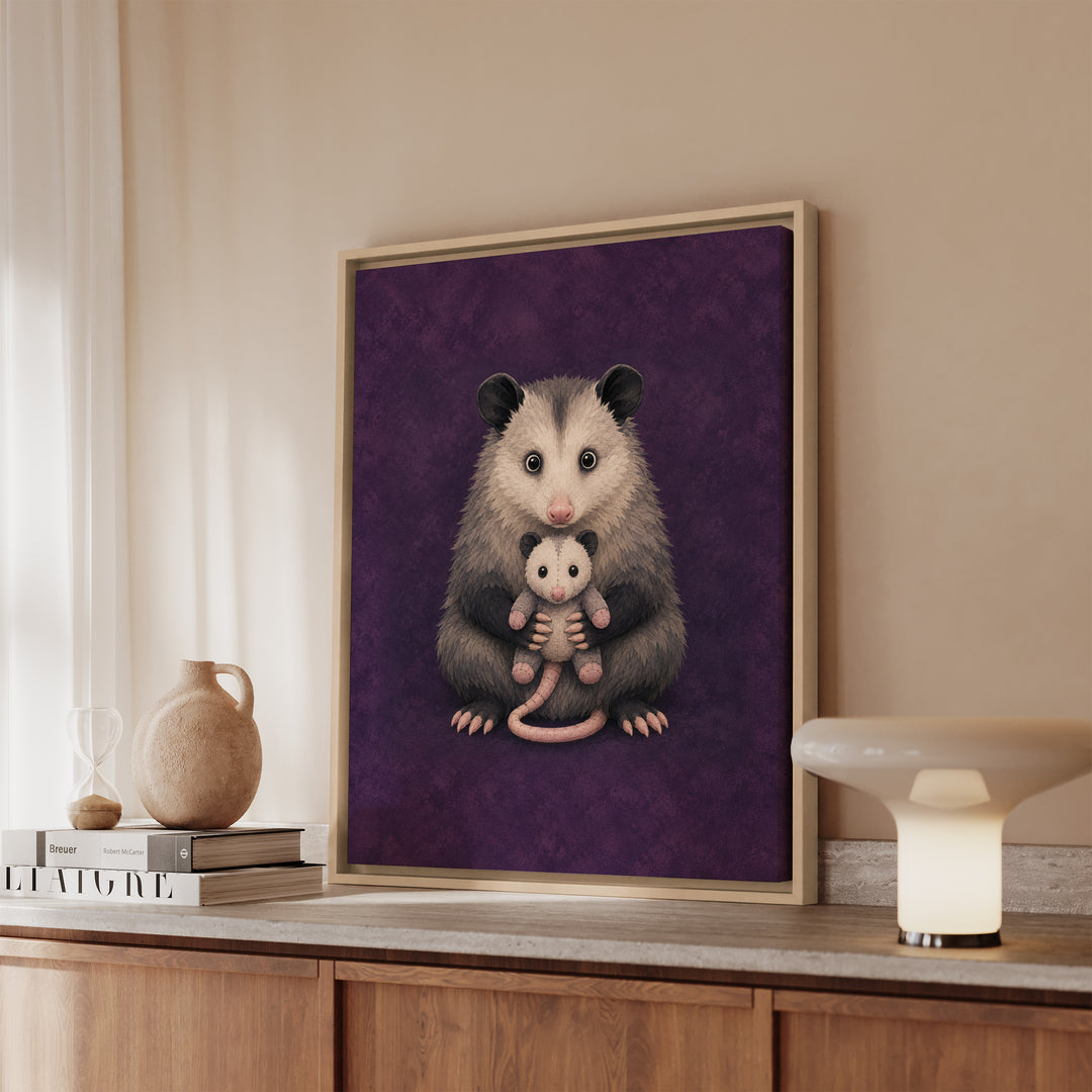Emotional Support Possum – Opossum Art with a Gentle Hug for a Smaller Friend – Framed Canvas Wall Art