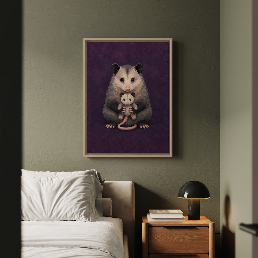 Emotional Support Possum – Opossum Art with a Gentle Hug for a Smaller Friend – Canvas / Framed Canvas