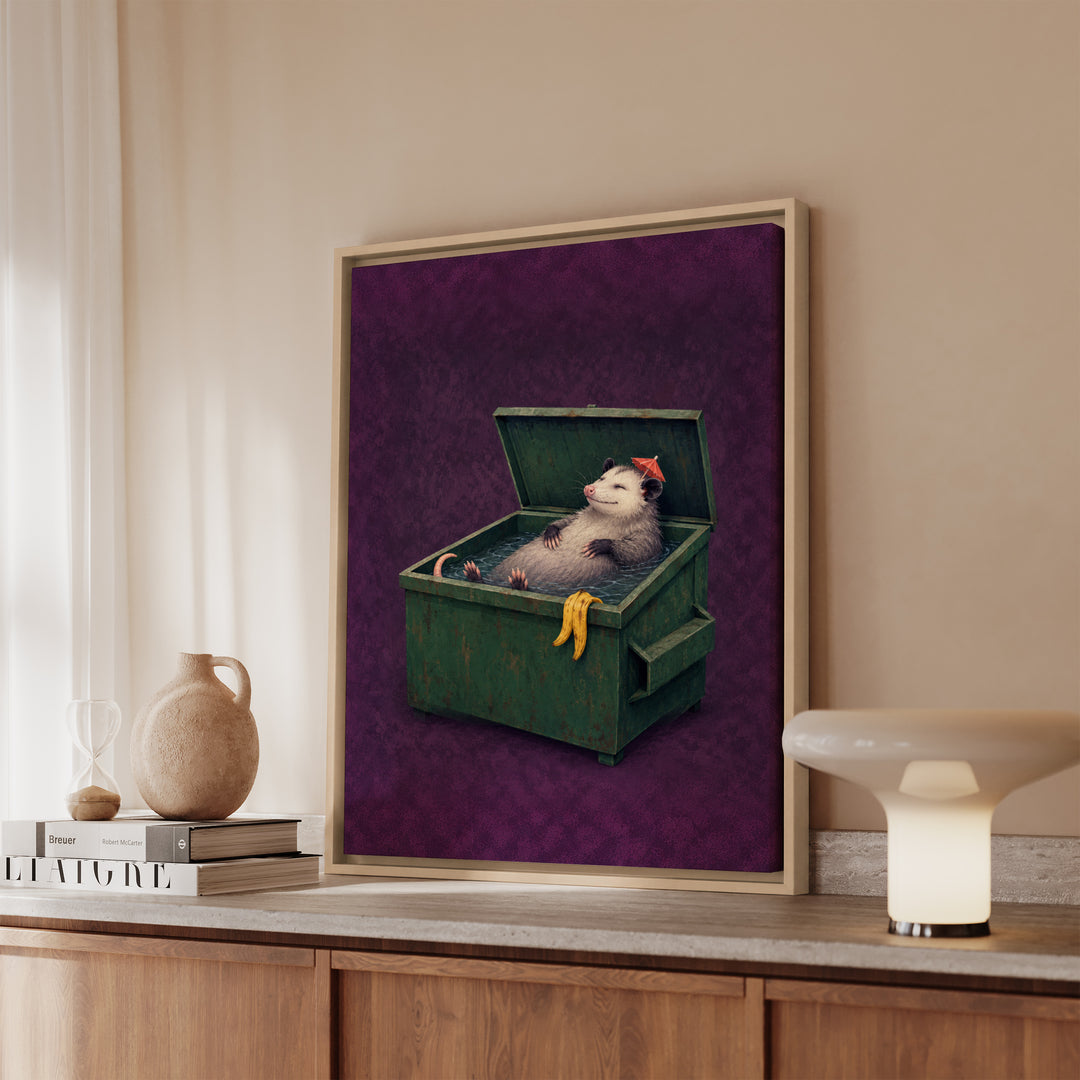Living My Best Life – Possum Decor with a Blissful Float on Its Back – Framed Canvas Wall Art