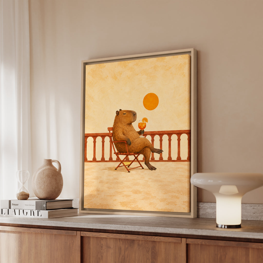 Aperol Hour – Aperol Spritz with a Capybara on a Golden Balcony – Framed Canvas Wall Art