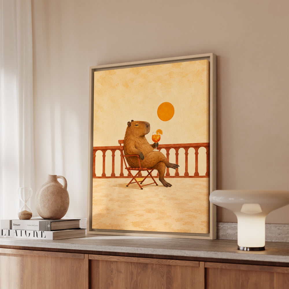 Aperol Hour – Aperol Spritz with a Capybara on a Golden Balcony – Canvas / Framed Canvas