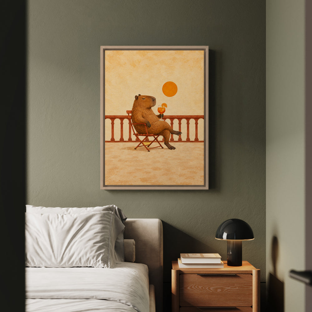 Aperol Hour – Aperol Spritz with a Capybara on a Golden Balcony – Framed Canvas Wall Art