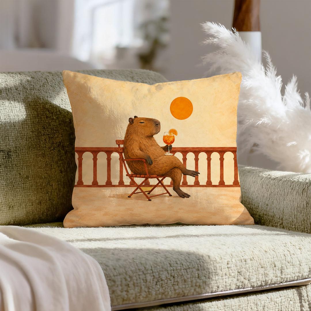 Aperol Hour – Aperol Spritz with a Capybara on a Golden Balcony – Throw Pillow