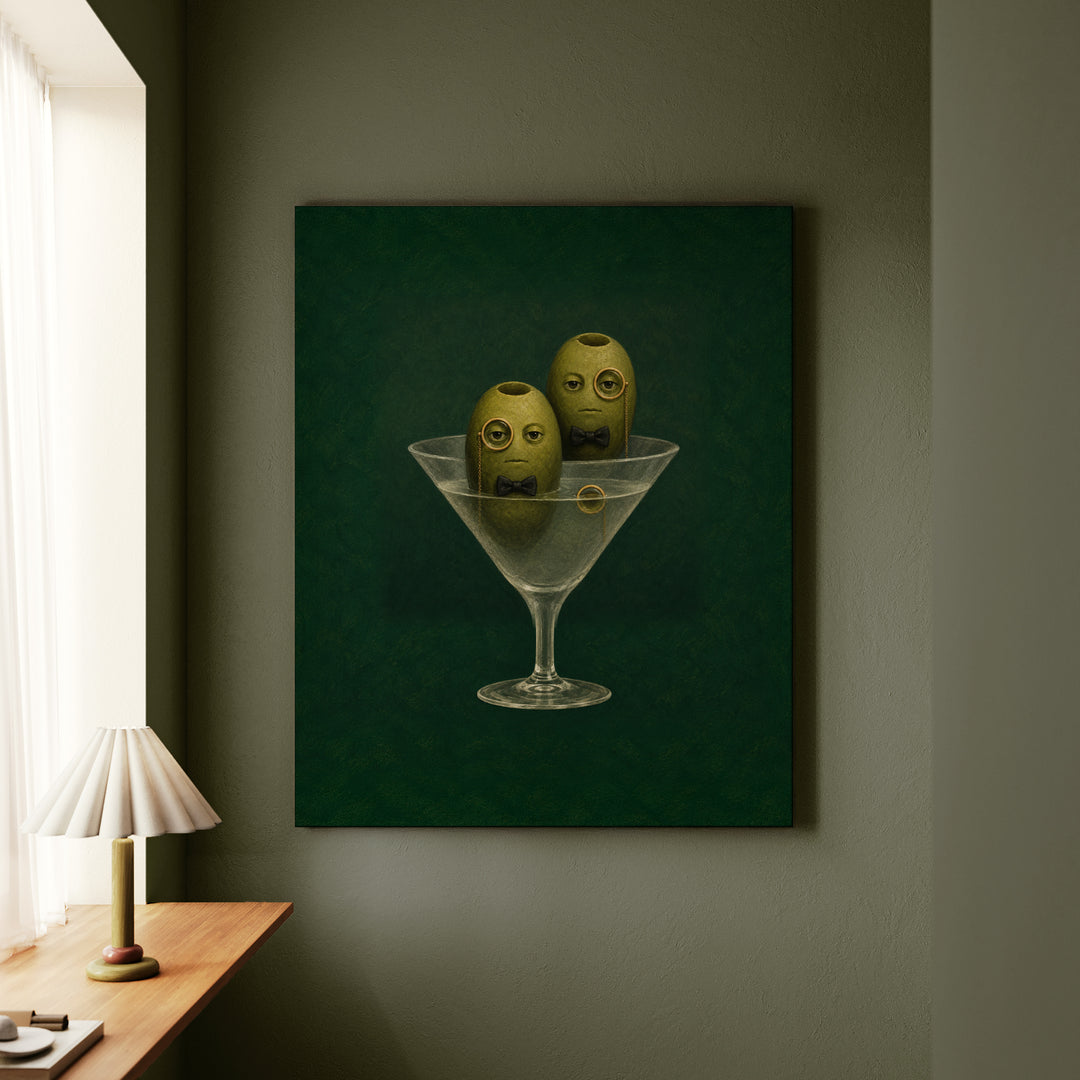 Dirty Martini Society – Espresso Martini Art with Three Olives in Monocles – Canvas Wall Art