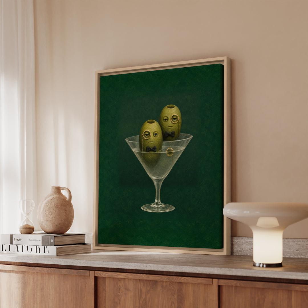 Dirty Martini Society – Espresso Martini Art with Three Olives in Monocles – Framed Canvas Wall Art