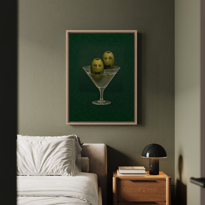 Dirty Martini Society – Espresso Martini Art with Three Olives in Monocles – Framed Canvas Wall Art