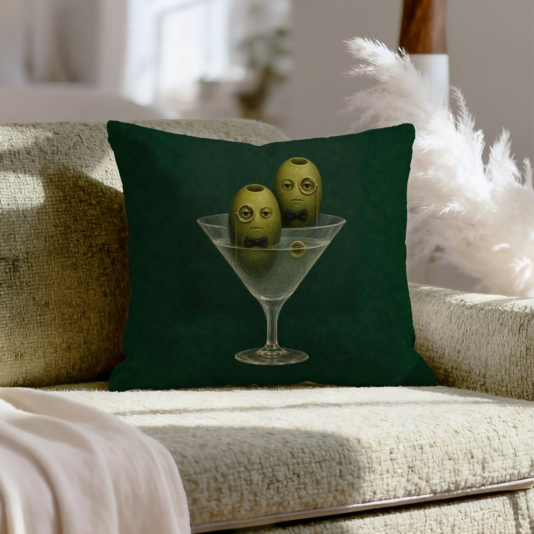 Dirty Martini Society – Espresso Martini Decor with Three Olives in Monocles – Pillow Cover