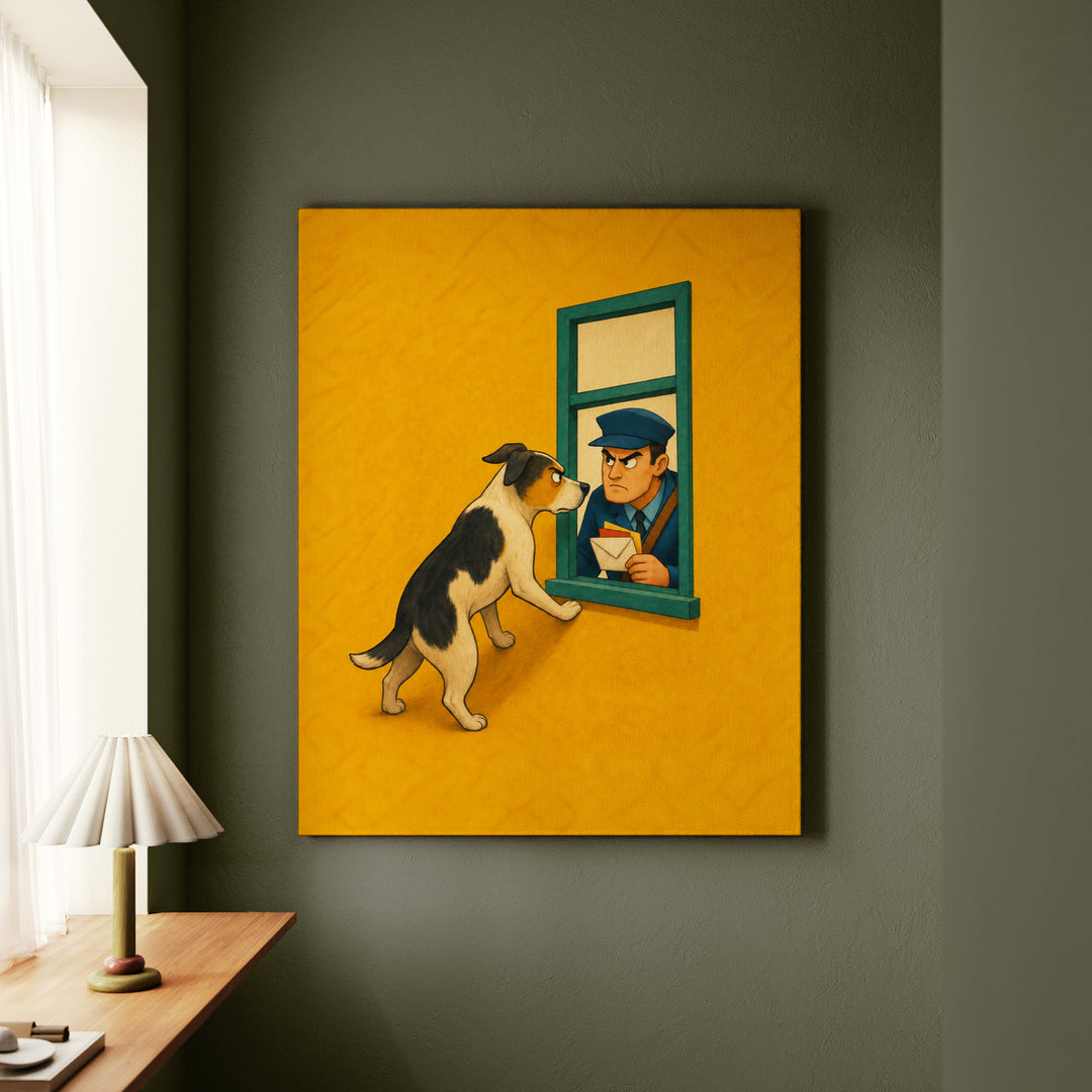 Mail Patrol II – Funny Dog Art with a Window Standoff at Delivery – Canvas Wall Art