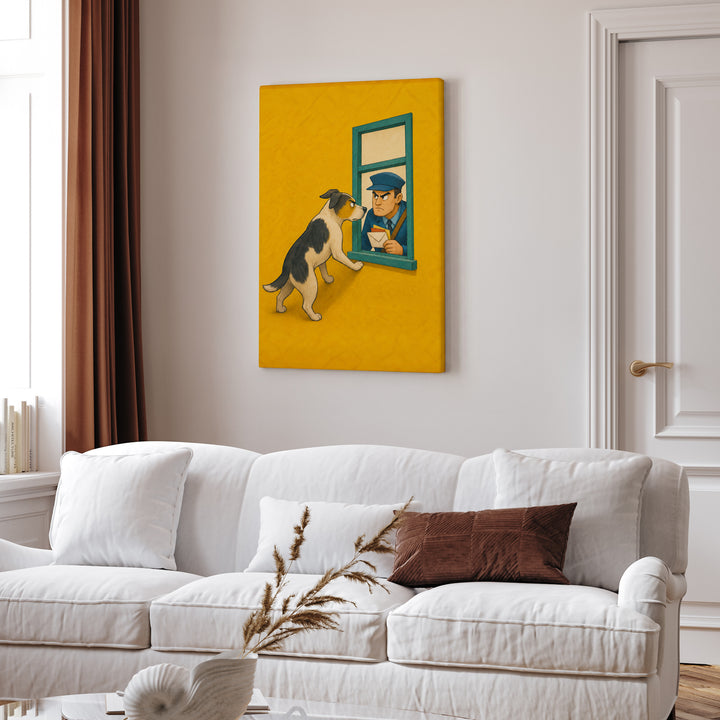 Mail Patrol II – Funny Dog Art with a Window Standoff at Delivery – Canvas Wall Art