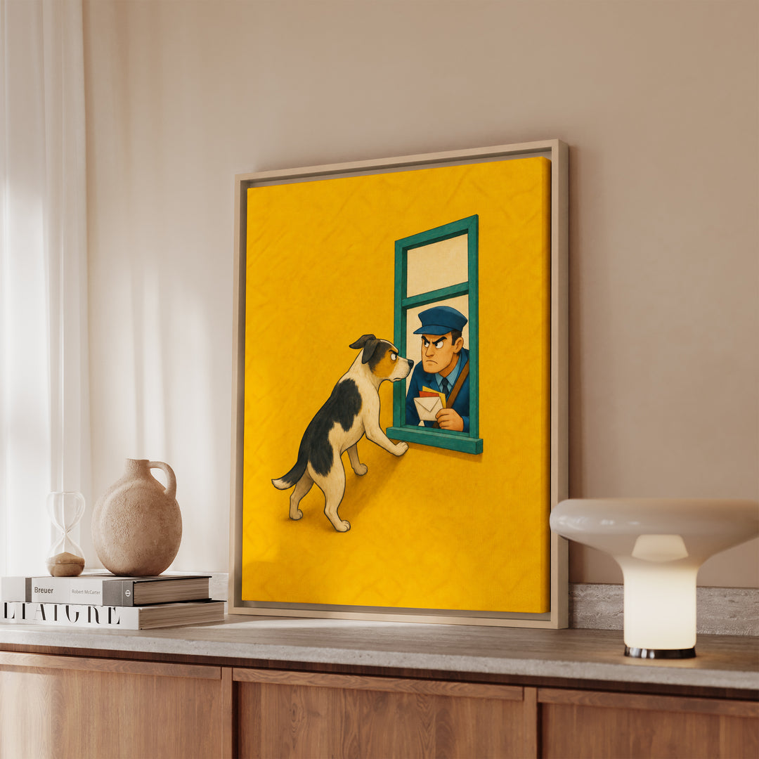 Mail Patrol II – Funny Dog Art with a Window Standoff at Delivery – Framed Canvas Wall Art