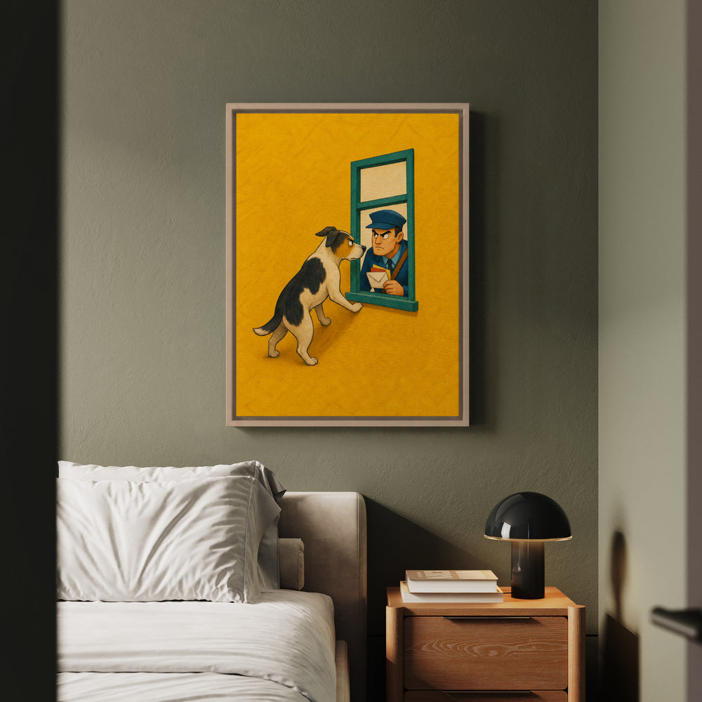 Mail Patrol II – Funny Dog Art with a Window Standoff at Delivery – Framed Canvas Wall Art