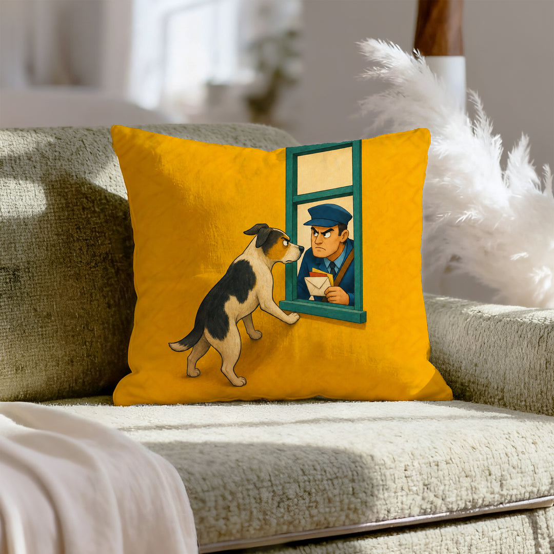 Mail Patrol II – Funny Dog Decor with a Window Standoff at Delivery – Pillow Cover