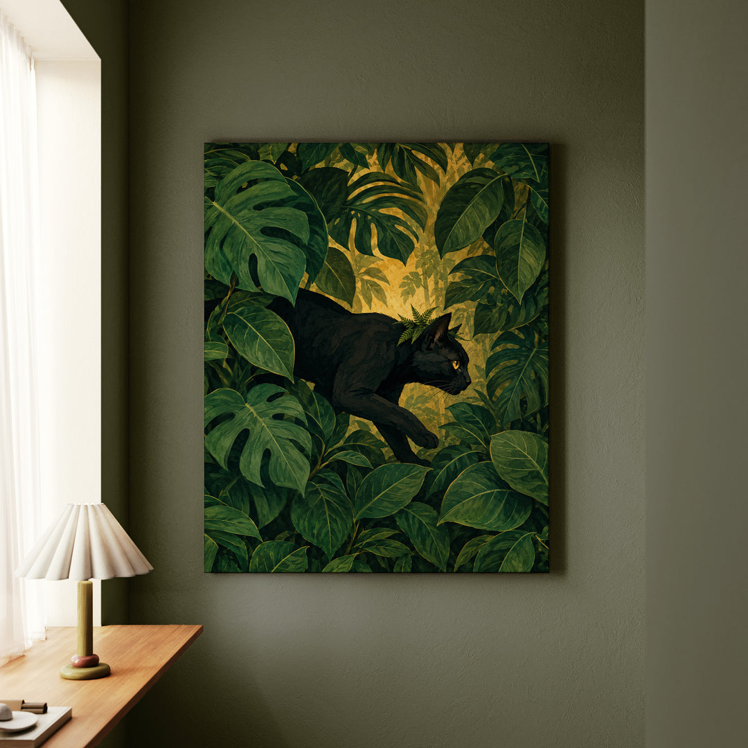 House Panther – Black Cat Art with a Prowl Through Giant Leaves – Canvas Wall Art