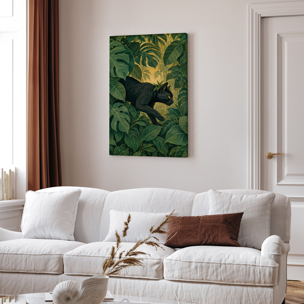 House Panther – Black Cat Art with a Prowl Through Giant Leaves – Canvas Wall Art
