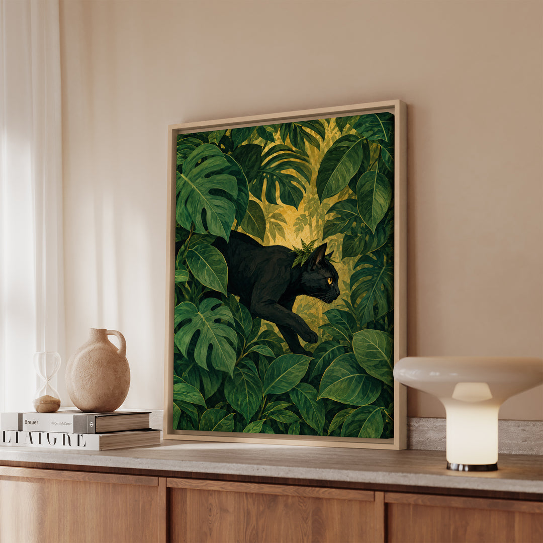 House Panther – Black Cat Art with a Prowl Through Giant Leaves – Framed Canvas Wall Art