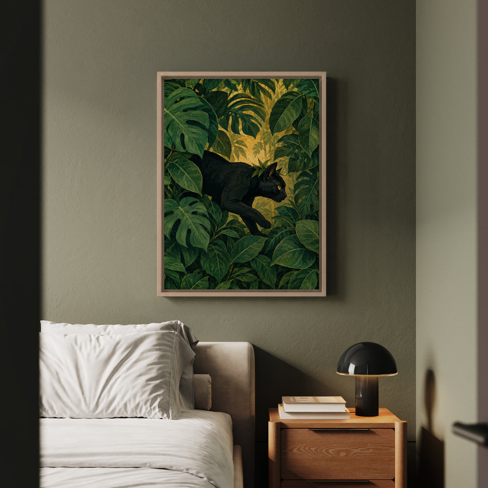 House Panther – Black Cat Art with a Prowl Through Giant Leaves – Framed Canvas Wall Art