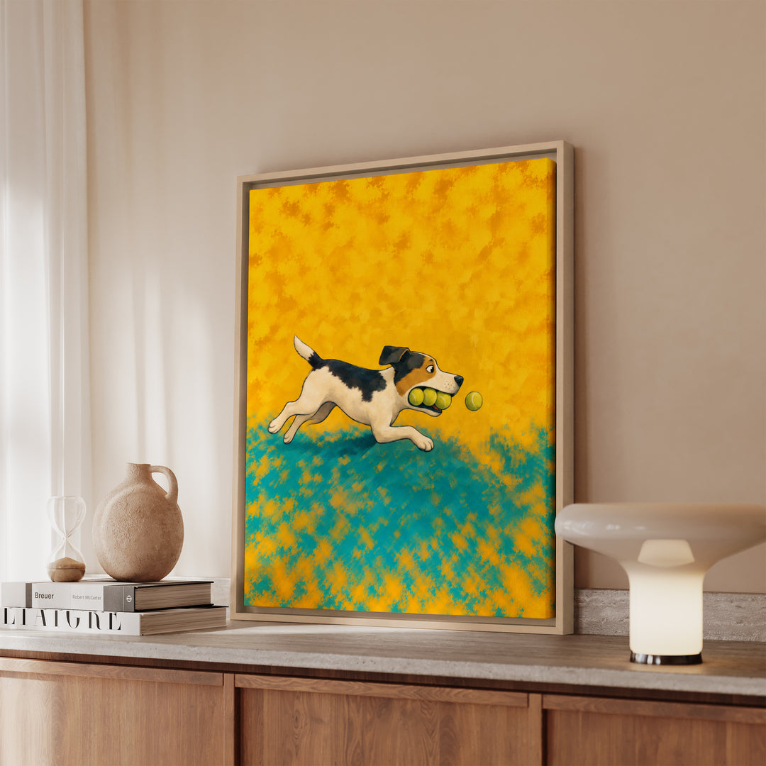 Ball Is Life – Funny Dog Art with a Tennis Obsessed Retriever – Framed Canvas Wall Art