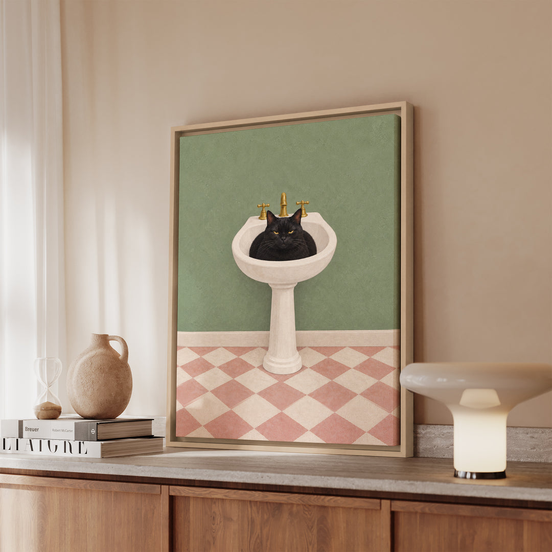 Sink Loaf – Funny Cat Art with a Porcelain Basin Nap – Framed Canvas Wall Art