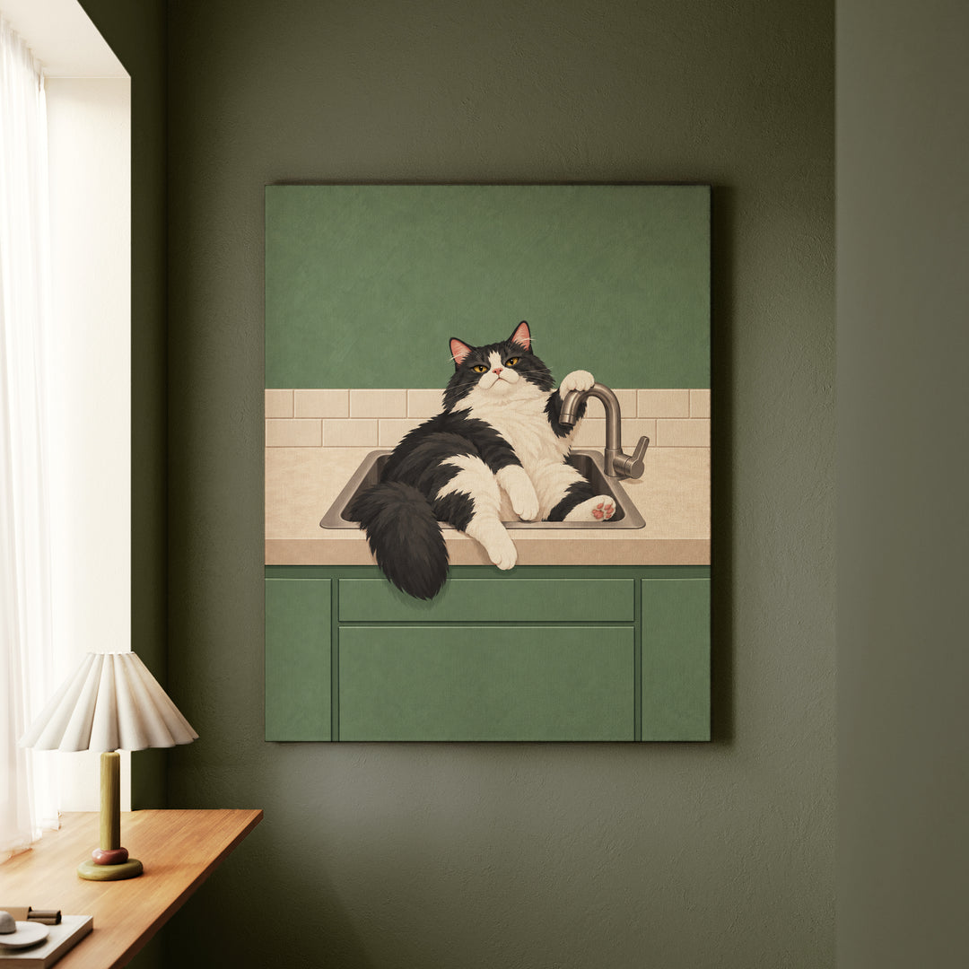 Sink Loaf II – Funny Cat Art with an Overflowing Kitchen Basin – Canvas Wall Art