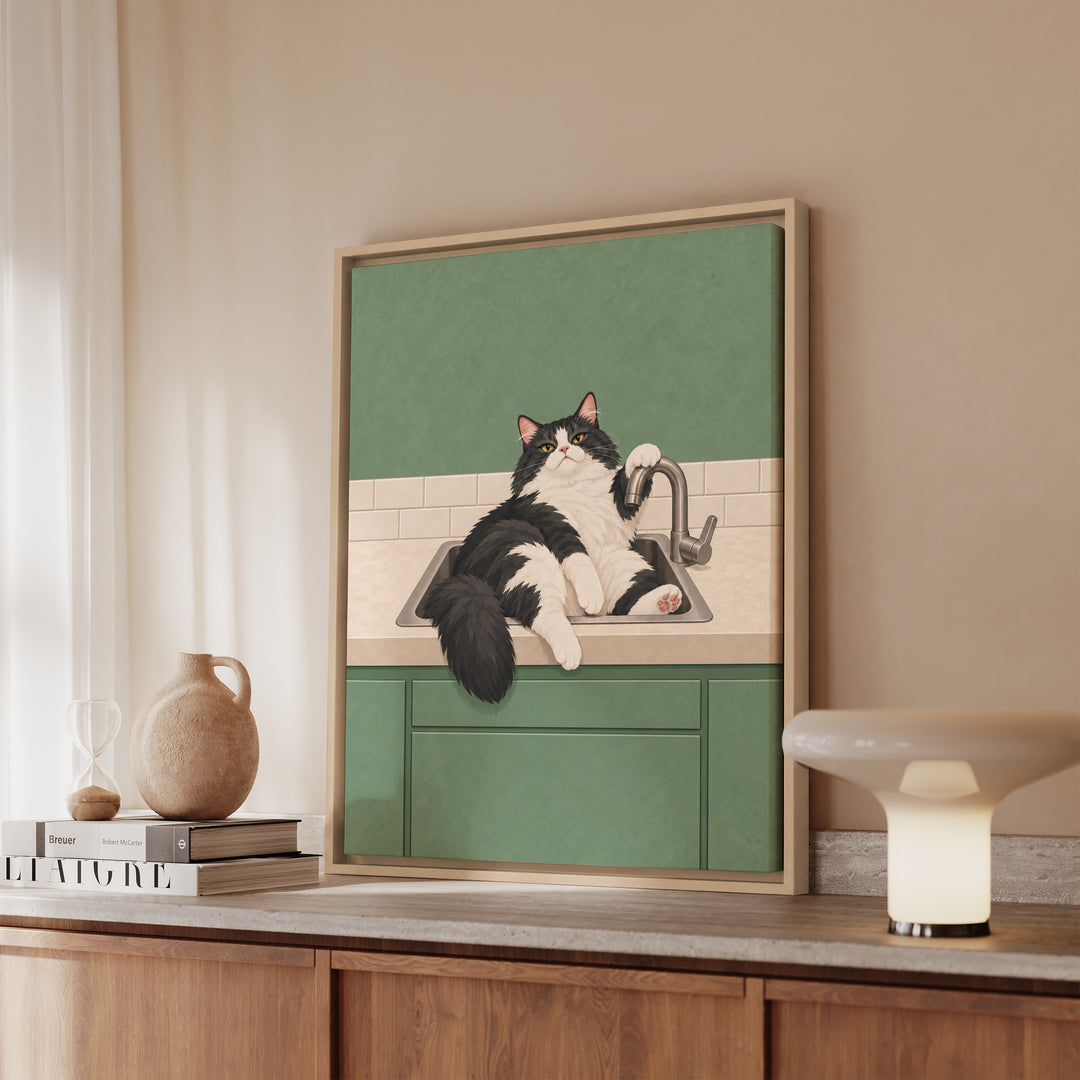 Sink Loaf II – Funny Cat Art with an Overflowing Kitchen Basin – Framed Canvas Wall Art