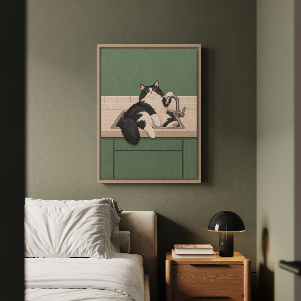Sink Loaf II – Funny Cat Art with an Overflowing Kitchen Basin – Framed Canvas Wall Art