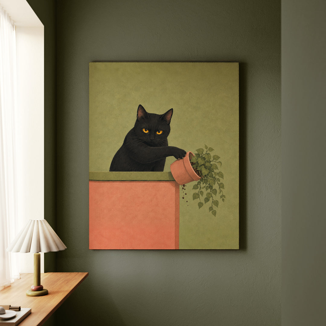 Plant Assassin – Funny Cat Art with a Potted Victim and Eye Contact – Canvas Wall Art