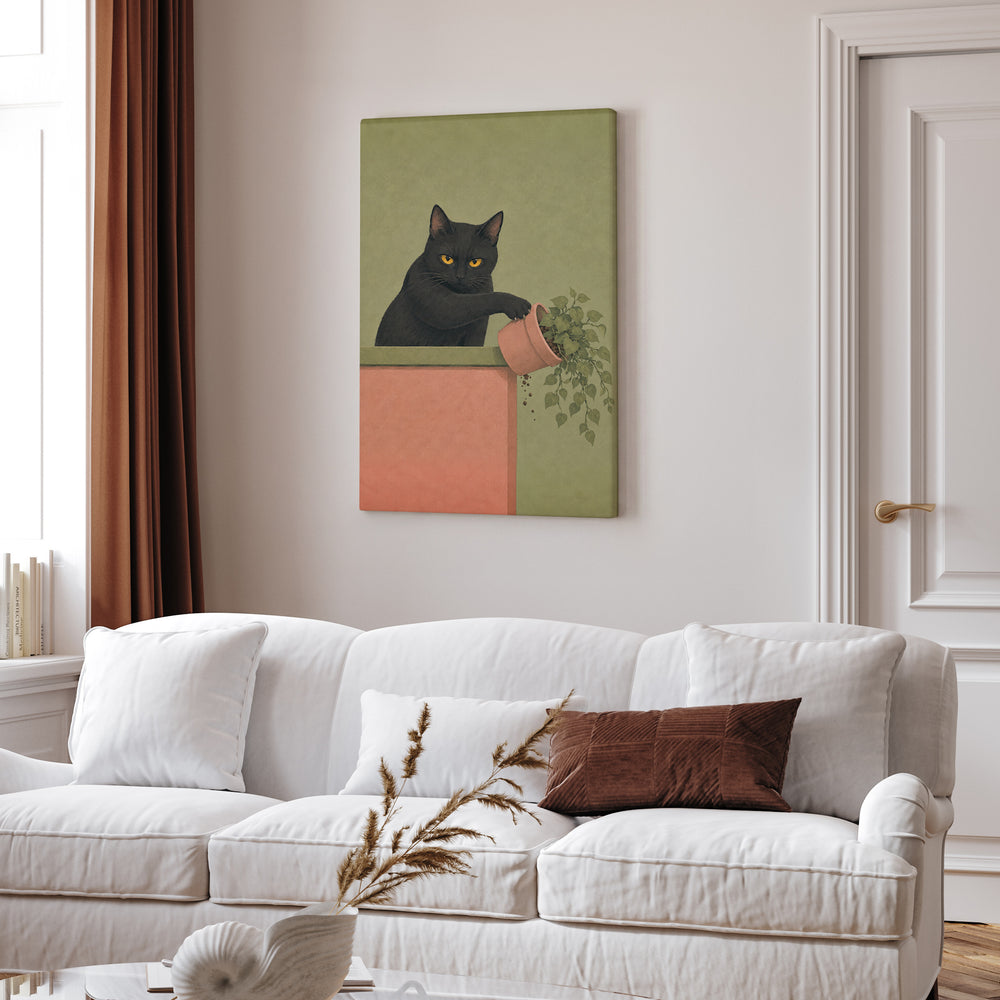 Plant Assassin – Funny Cat Art with a Potted Victim and Eye Contact – Canvas Wall Art