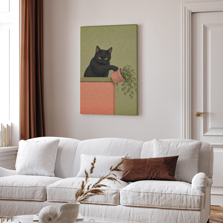 Plant Assassin – Funny Cat Art with a Potted Victim and Eye Contact – Canvas Wall Art